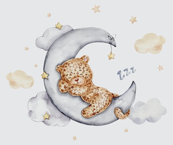 Carta da parati Un orsacchiotto che dorme sulla luna, Carta da parati Bebè per neonati, Carta da parati popolare, w00083 - Tapeko.it