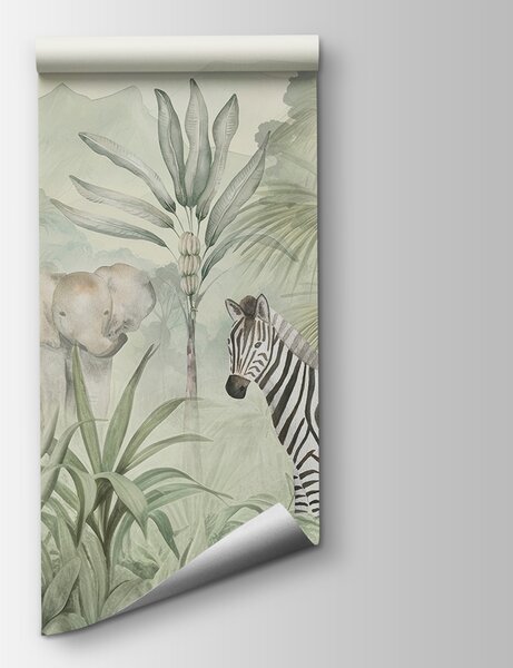 Carta da parati Una carta da parati con animali nella giungla, Carta da parati Giungla, Carta da parati popolare, w00089 - Tapeko.it