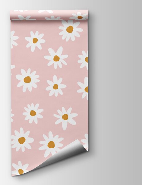 Carta da parati Un motivo di fiori bianchi su sfondo rosa, Carta da parati Floreale, Carta da parati popolare, w00136 - Tapeko.it