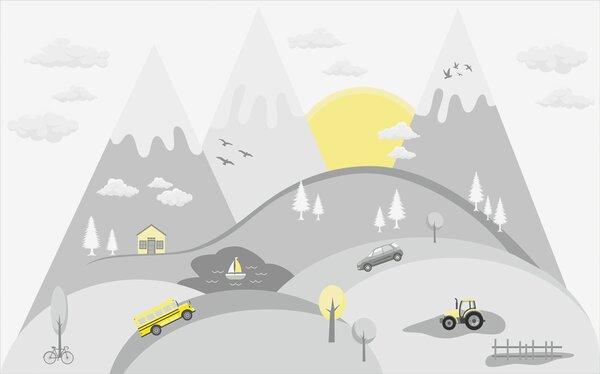 Carta da parati Una vignetta di auto e camion su una collina, Carta da parati per Bambini, Carta da parati popolare, w00219 - Tapeko.it