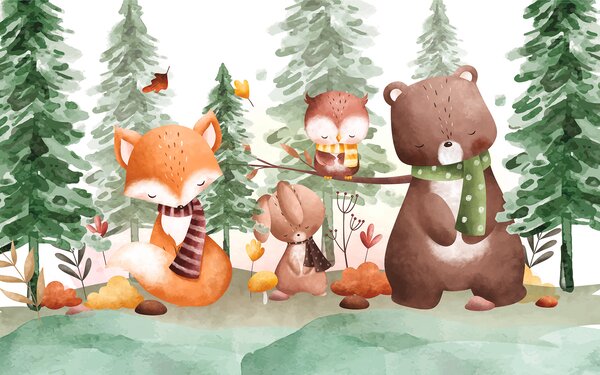 Carta da parati Un gruppo di animali in una foresta, Carta da parati per Bambini, Carta da parati popolare, w00562 - Tapeko.it