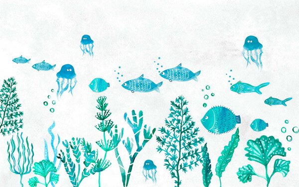 Carta da parati Un gruppo di pesci e meduse, Carta da parati Mare, Carta da parati popolare, u32524 - Tapeko.it
