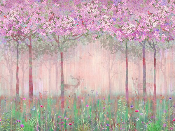 Carta da parati Un dipinto di una foresta con fiori e alberi rosa, Carta da parati per Bambini, Carta da parati popolare, u62100v3 - Tapeko.it