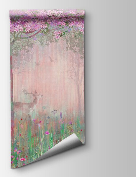 Carta da parati Un dipinto di una foresta con fiori e alberi rosa, Carta da parati per Bambini, Carta da parati popolare, u62100v3 - Tapeko.it