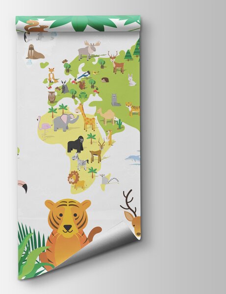 Carta da parati Una mappa di animali e piante, Carta da parati per Bambini, Carta da parati popolare, w00400 - Tapeko.it