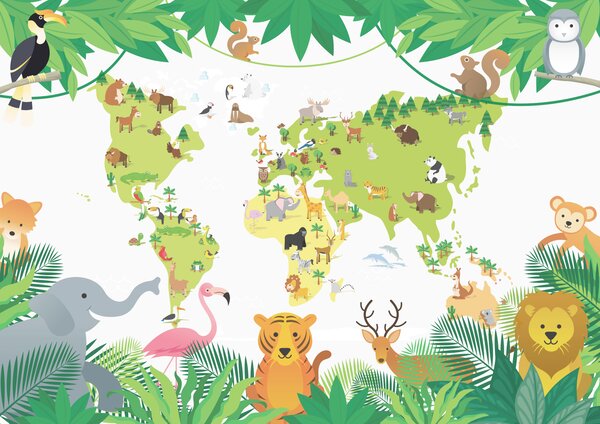 Carta da parati Una mappa di animali e piante, Carta da parati per Bambini, Carta da parati popolare, w00400 - Tapeko.it