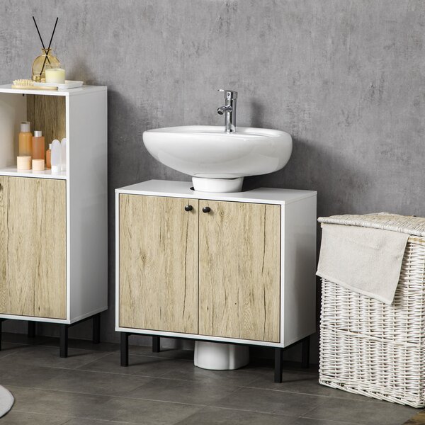 Kleankin Mobile Bagno Sotto Lavabo a 2 Ante con Ripiano Interno in Truciolato e Acciaio, 60x30x60 cm, Bianco e Rovere|Aosom