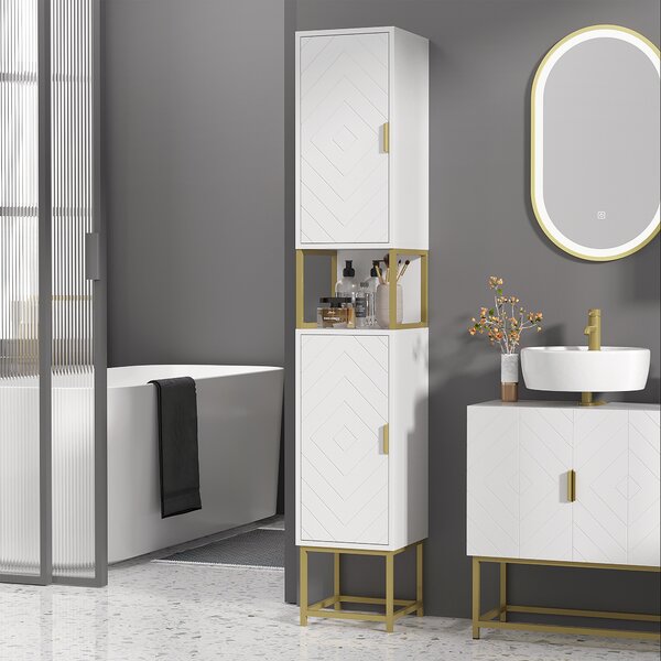 Kleankin Colonna Bagno con 2 Armadietti e Ripiano in MDF e Acciaio, 30x30x170.7cm, Bianco e Oro|Aosom