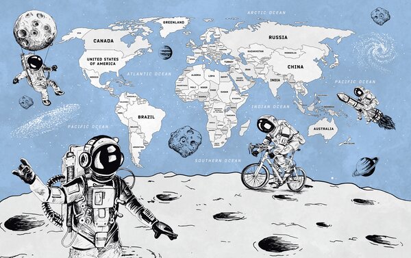 Carta da parati Un disegno di due astronauti sulla luna, Carta da parati mappe del mondo, Carta da parati popolare, w00473 - Tapeko.it