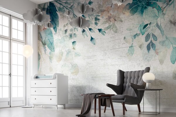 Carta da parati Grandi fiori, foglie e rami blu e bianchi contro una parete strutturata, Carta da parati Acquerello, w00697 : Uwalls.it
