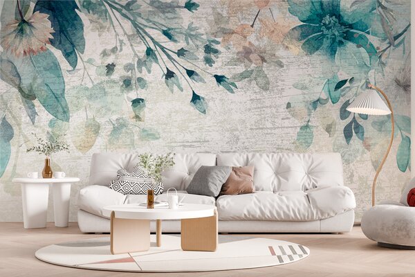 Carta da parati Grandi fiori, foglie e rami blu e bianchi contro una parete strutturata, Carta da parati Acquerello, w00697 : Uwalls.it
