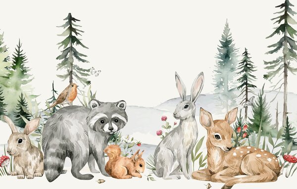 Carta da parati Un gruppo di animali della foresta in un ambiente boschivo con alberi di pino, Carta da parati Animali, w00704 : Uwalls.it