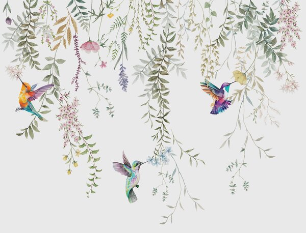 Carta da parati Fiori e foglie appesi e bellissimi colibrì, Carta da parati Acquerello, w00660 : Uwalls.it