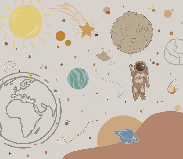Carta da parati Vignetta di un astronauta che tiene in mano un pianeta nello spazio, Carta da parati Spazio, Carta da parati popolare, w00743 - Tapeko.it
