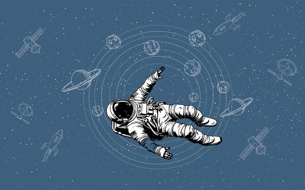 Carta da parati Astronauta e pianeti su sfondo blu, Carta da parati Spazio, w00712v3 : Uwalls.it