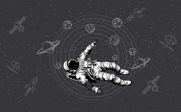 Carta da parati Astronauta e pianeti su sfondo grigio scuro, Carta da parati Spazio, w00712v5 : Uwalls.it
