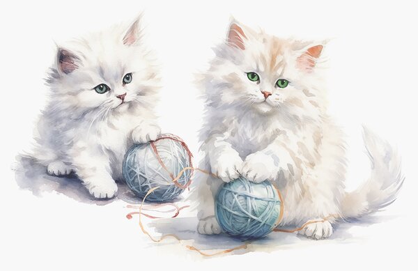 Carta da parati Acquerello di due gattini che giocano con il filato, Carta da parati animali, Carta da parati popolare, w00843 - Tapeko.it