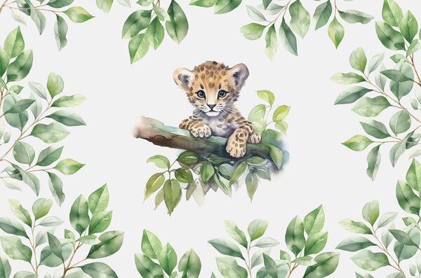 Carta da parati Il piccolo leopardo si siede su un ramo tra le foglie acquerello, Carta da parati Animali, w00889 : Uwalls.it