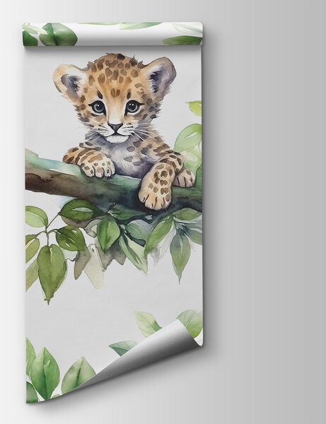 Carta da parati Acquerello di un cucciolo di leopardo sul ramo di un albero, Carta da parati animali, Carta da parati popolare, w00889 - Tapeko.it