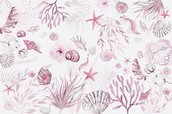 Carta da parati Motivo marino ad acquerello, stile boho, conchiglie, coralli, cotone, colori rosa, Carta da parati Floreale, w00851v3 : Uwalls.it
