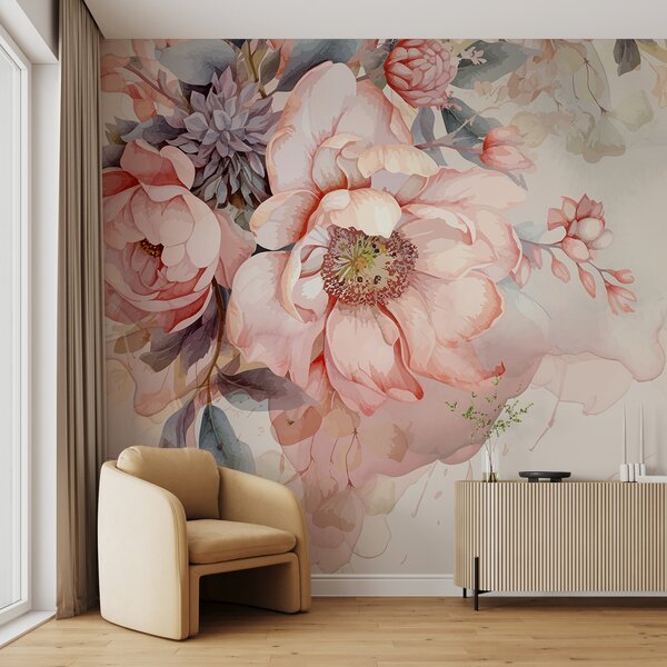 Carta da parati Peonie rosa acquerello con petali delicati, circondate da una lussureggiante, Carta da parati Acquerello, w01245 : Uwalls.it