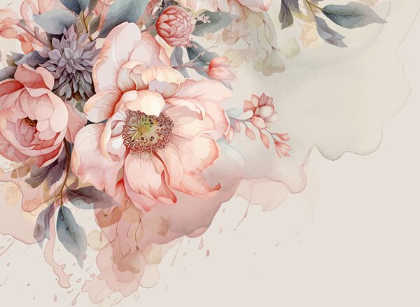 Carta da parati Peonie rosa acquerello con petali delicati, circondate da una lussureggiante, Carta da parati Acquerello, w01245 : Uwalls.it