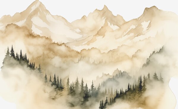 Carta da parati Foresta nella nebbia ai piedi delle montagne beige rocciose illustrazione, Carta da parati Panoramica, w07884 : Uwalls.it