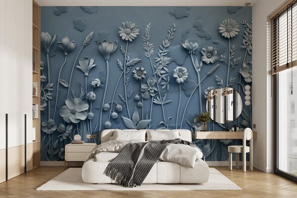 Carta da parati Un muro grigio con fiori e foglie, Carta da parati 3d, Carta da parati popolare, w07869 - Tapeko.it