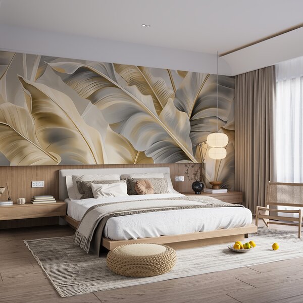 Carta da parati lussuose grandi foglie di banano nei toni grigio-beige, Carta da parati 3D, w07876 : Uwalls.it