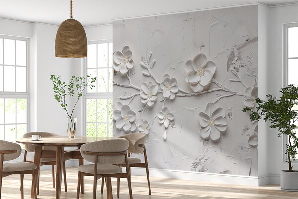 Carta da parati Sfondo bianco strutturato con fiori bianchi 3D in piena fioritura,, Carta da parati 3D, Carta da parati Fiori 3D, w01226 : Uwalls.it
