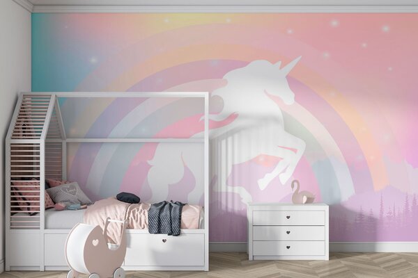 Carta da parati Silhouette pony e sfondo colorato in stile, Carta da parati per Bambini, Carta da parati per bambini Arcobaleno, w07912 : Uwalls.it