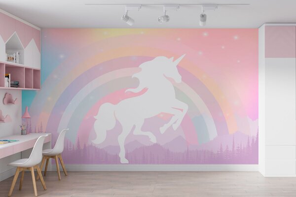 Carta da parati Un unicorno con arcobaleno e montagne, Carta da parati gli unicorni, Carta da parati popolare, w07912 - Tapeko.it