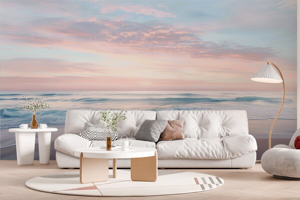 Carta da parati Una spiaggia con le onde e un cielo rosa, Carta da parati Mare, Carta da parati popolare, w07935 - Tapeko.it