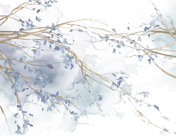 Carta da parati Acquerello di un ramo d'albero con foglie blu, Carta da parati Natura, Carta da parati popolare, w07919 - Tapeko.it