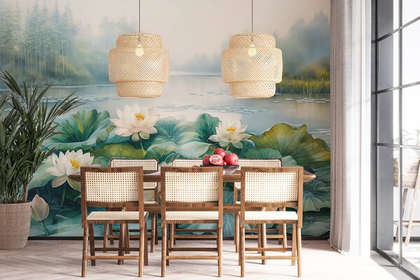 Carta da parati Pittura di uno stagno con fiori bianchi e foglie verdi, Carta da parati Natura, Carta da parati popolare, w07957 - Tapeko.it