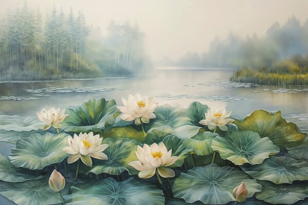 Carta da parati Pittura di uno stagno con fiori bianchi e foglie verdi, Carta da parati Natura, Carta da parati popolare, w07957 - Tapeko.it