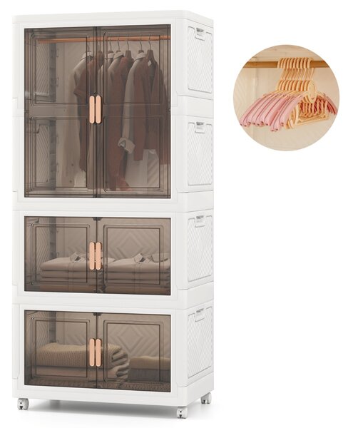 Costway Contenitori di stoccaggio 421 l con coperchio, Organizzatore di armadio portatile in plastica con 10 appendini Bianco + Marrone