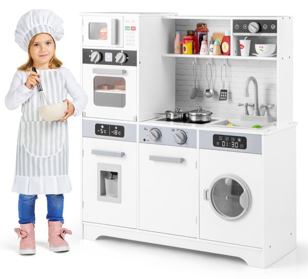 Costway Set di giocattoli in legno con lavello rubinetto dispenser d'acqua microonde, Cucina da gioco per bambini 3+ anni Bianco