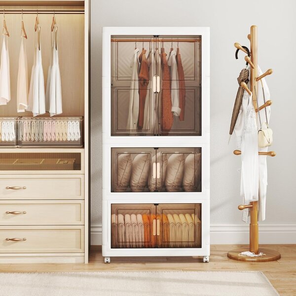 Costway Contenitori di stoccaggio 421 l con coperchio, Organizzatore di armadio portatile in plastica con 10 appendini Bianco + Marrone