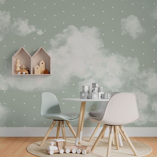 Carta da parati Nuvole stile scandinavo minimalismo colore verde, Carta da parati Cielo, w08036v3 : Uwalls.it