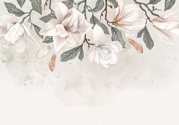 Carta da parati Delicati fiori di magnolia rosa e bianchi con foglie verdi su sfondo chiaro, una, Carta da parati Floreale, w07977 : Uwalls.it