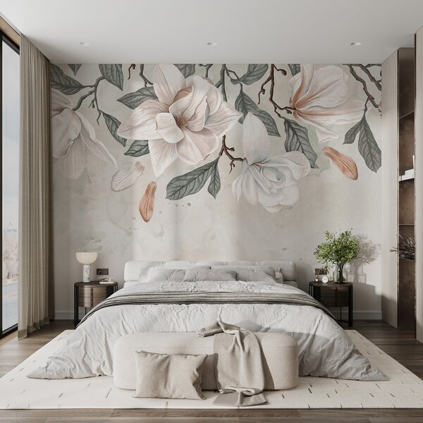 Carta da parati Delicati fiori di magnolia rosa e bianchi con foglie verdi su sfondo chiaro, una, Carta da parati Floreale, w07977 : Uwalls.it