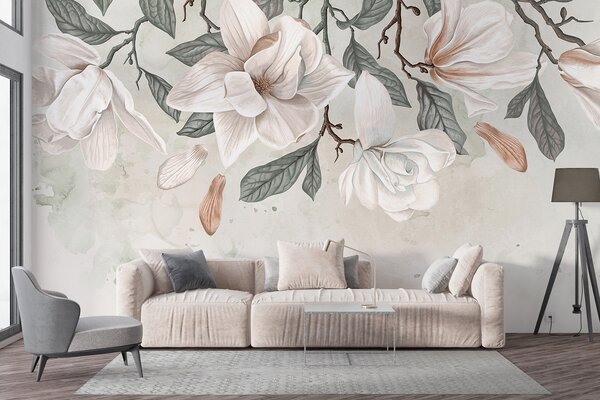 Carta da parati Delicati fiori di magnolia rosa e bianchi con foglie verdi su sfondo chiaro, una, Carta da parati Floreale, w07977 : Uwalls.it