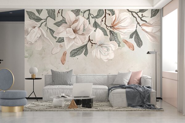 Carta da parati Delicati fiori di magnolia rosa e bianchi con foglie verdi su sfondo chiaro, una, Carta da parati Floreale, w07977 : Uwalls.it