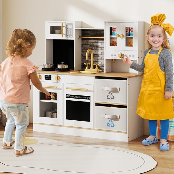 Costway Cucinetta in legno con fornelli con suoni e luci e macchina da caffè, Gioco cucina di ruolo per bambini 3+ anni Naturale