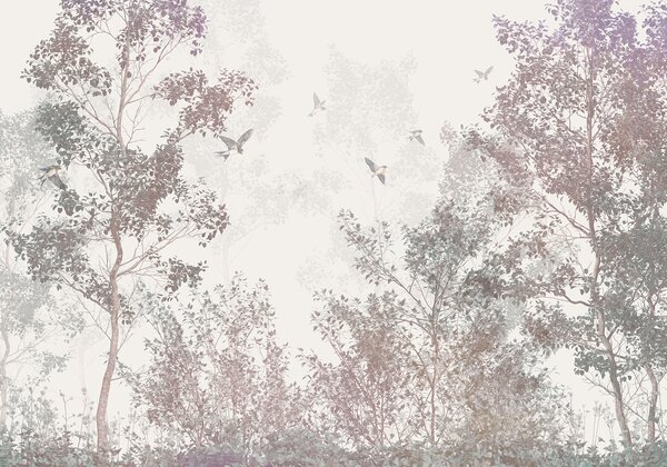 Carta da parati Alberi con foglie e rami marroni e grigi con uccelli che volano nel cielo, sfondo bianco, Carta da parati Natura, w07982 : Uwalls.it