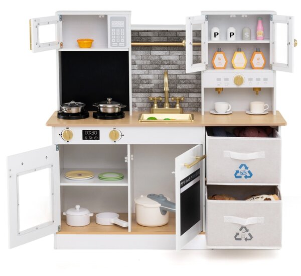 Costway Cucinetta in legno con fornelli con suoni e luci e macchina da caffè, Gioco cucina di ruolo per bambini 3+ anni Naturale