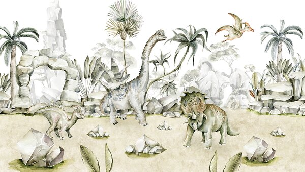 Carta da parati Acquerello di dinosauri e piante, Carta da parati Natura, Carta da parati popolare, w00847 - Tapeko.it