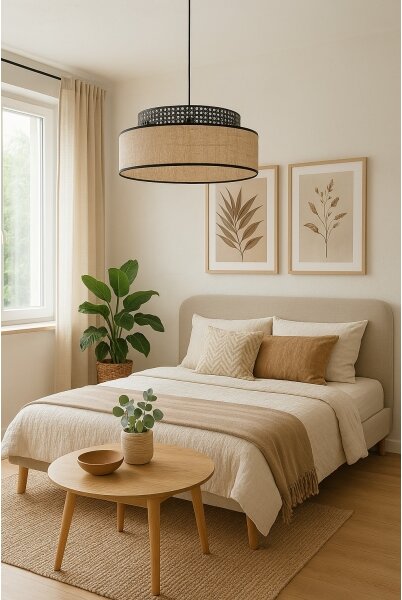 Lampadario a sospensione con filo BOHO 1xE27/60W/230V diametro 40 cm nero/rattan