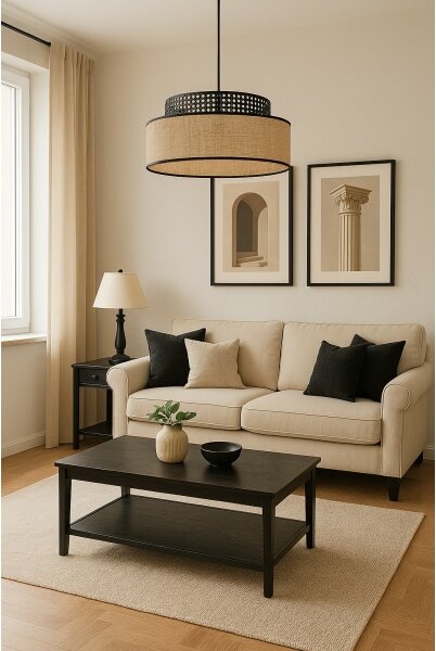 Lampadario a sospensione con filo BOHO 1xE27/60W/230V diametro 40 cm nero/rattan